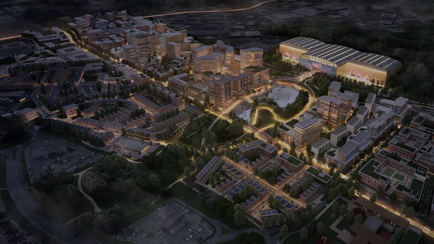 Aerial render of the Arena in Brabazon